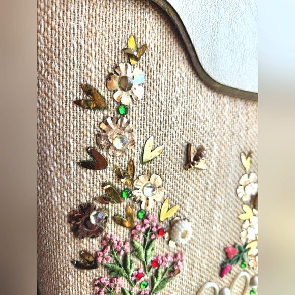 Vtg 60s EC Style Antique DIY Box Purse Bucket Embroidery Flowers Glitzy Handbag - Picture 5 of 16
